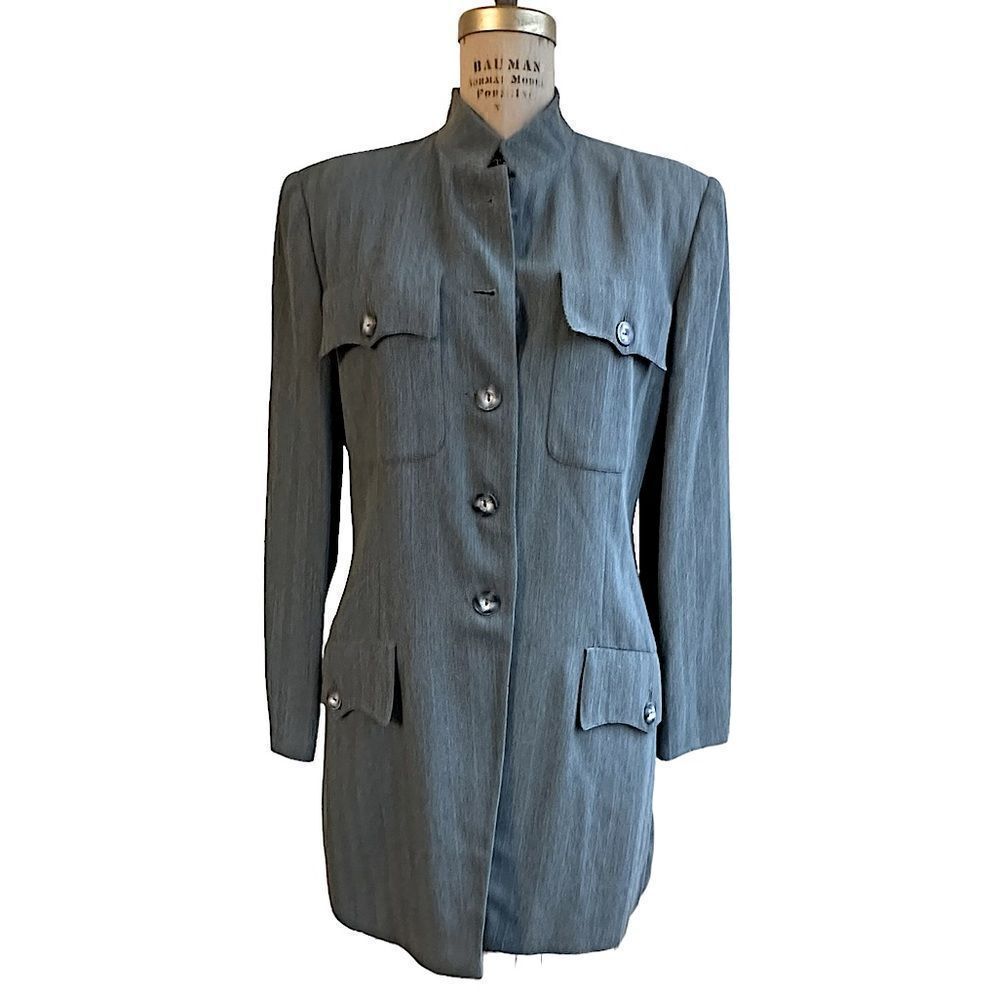 Grey Thalian mandarin neck wide leg pant suit Size Medium - wool rayon blend